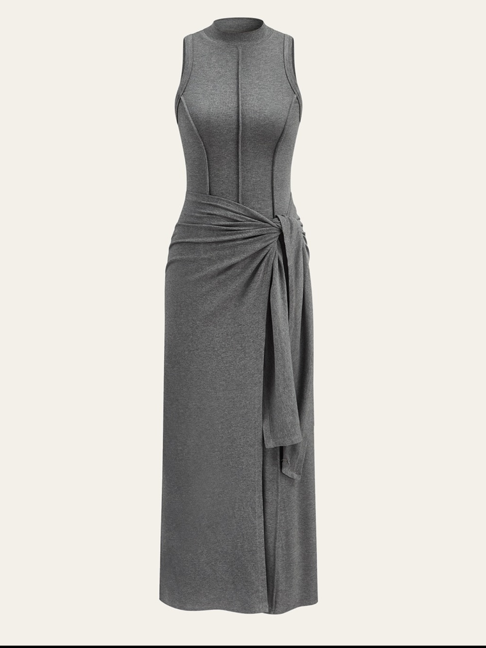 Sleeveless Gray Knit Maxi Dress with Side Knot